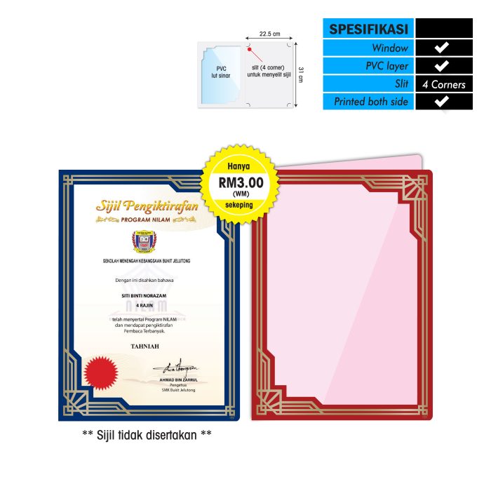 <p style="font-size: 20px; margin-bottom: 0px; padding-top: 0px;">Folder Sijil Premium (Window + PVC) <br>Rekaan Seni Ukiran Motif Geometri</p>