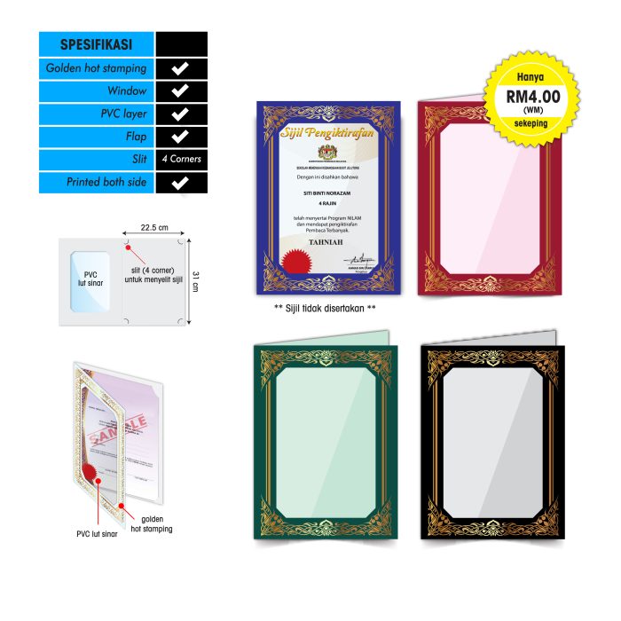 <p style="font-size: 20px; margin-bottom: 0px; padding-top: 0px;">Folder Sijil Eksklusif <br>(Hot Stamping + Window With PVC) <br>Rekaan Seni Ukiran Motif Flora</p>