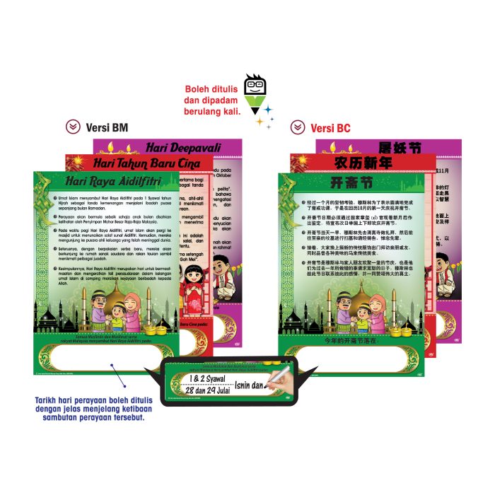 <p style="font-size: 20px; margin-bottom: 0px; padding-top: 0px;">Carta Pengenalan & Peringatan <br>Hari Perayaan Malaysia </p><p style="font-size: 20px; color: red; margin-bottom: 0px; padding-top: 0px;">马来西亚节庆简介及告示挂图</p>