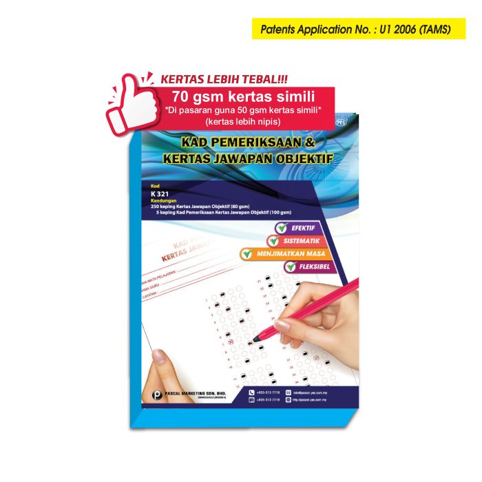 <p style="font-size: 20px; margin-bottom: 0px; padding-top: 0px;">Kad Pemeriksaan & <br>Kertas Jawapan Objektif <br>- Sekolah Rendah</p>