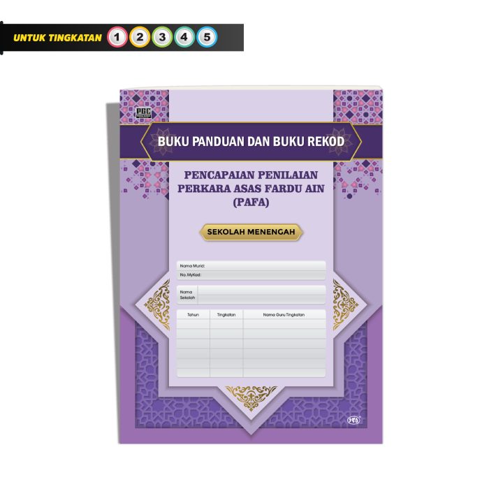 <p style="font-size: 20px; margin-bottom: 0px; padding-top: 0px;">Buku Panduan dan Buku Rekod </p><p></p><p style="font-size: 19.5px; margin-bottom: 0px; padding-top: 0px;">Pencapaian Penilaian Perkara Asas Fardu Ain (PAFA) - (Sekolah Menengah)</p>